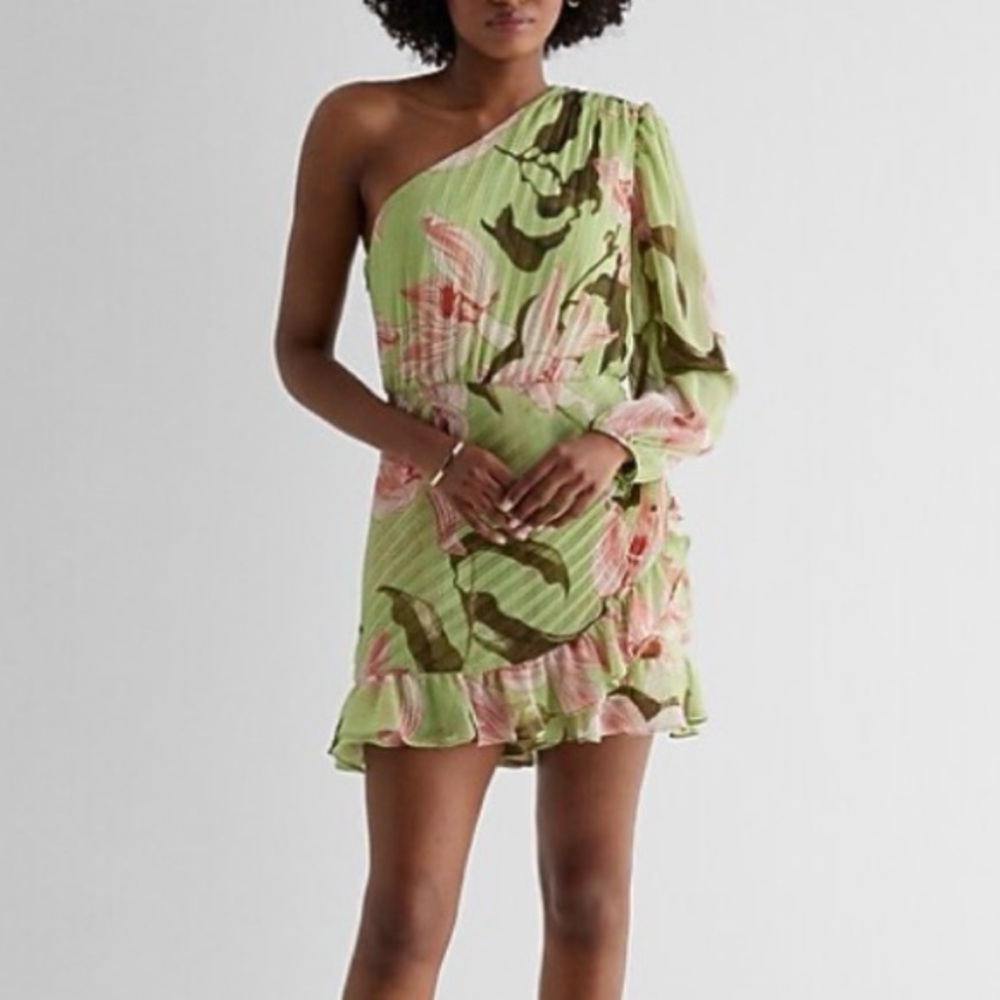 Express Green Floral One Shoulder Wrap Front Ruffle Romper size xs